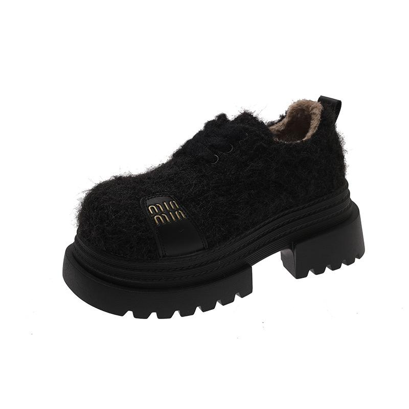 [Fanfna] European big head lace-up muffin platform loafers women's versatile small height-increasing fluffy women's shoes