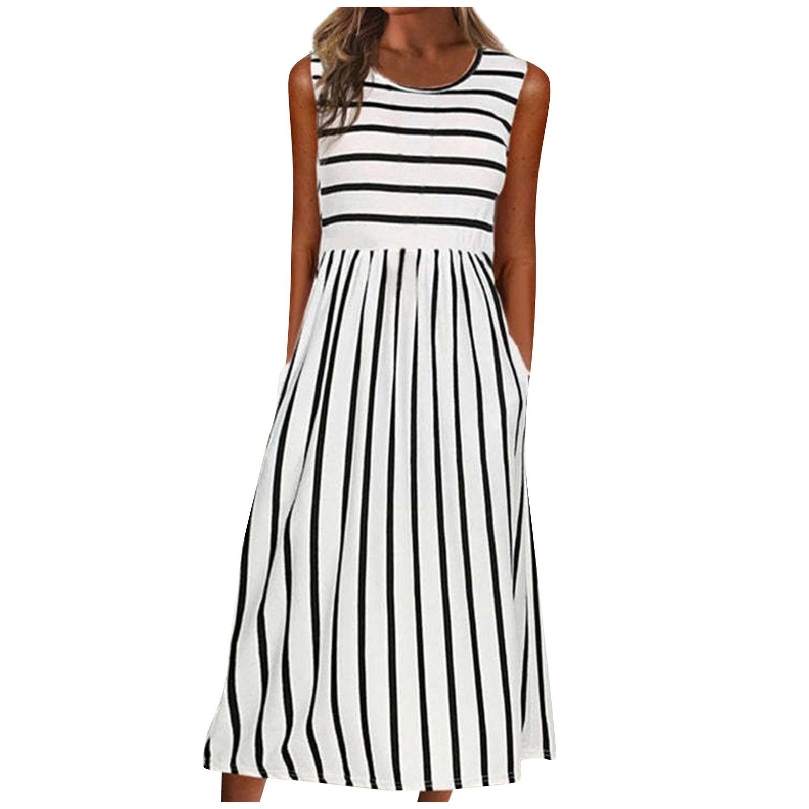 Женское повседневное платье в полоску с принтом без рукавов и круглым вырезом XL белый — фото 5