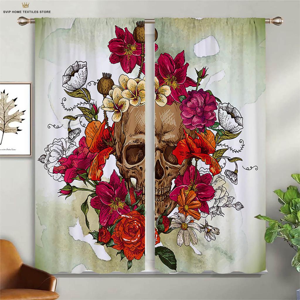 Colorful Pattern Floral Pattern Skull Style 3D Pattern Printing Window Curtains, Halloween Theme, Festival, Gathering Decorative Piece, Ideal For