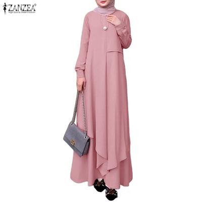 Muslim Women Casual Round Neck Solid Color Long Sleeve Loose Dress