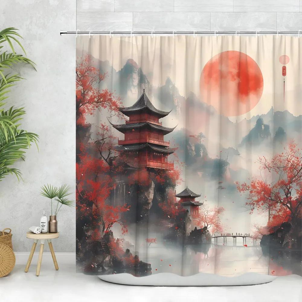 Asian Shower Curtain Ink Painting Crane Cherry Blossoms Japanese Woman Koi Panda Modern Polyester Fabric Bathroom Decor Curtain