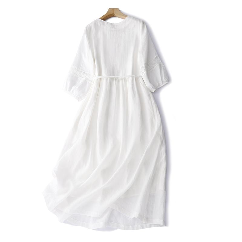 Summer Vintage Embroidery Solid Color Long Dresses Women Casual Breathable White Thin Dress Robe Elegant Clothing