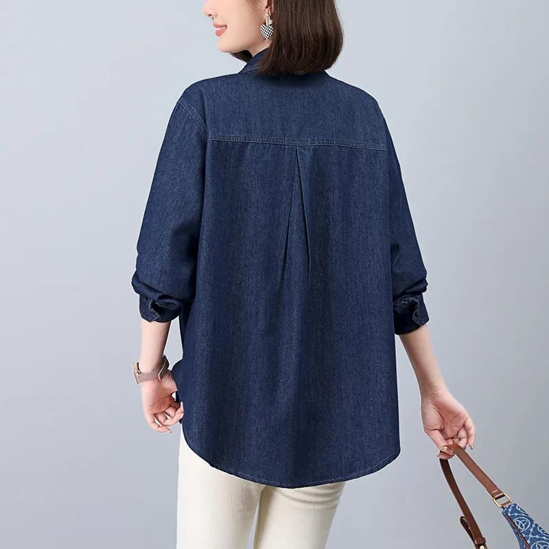 Denim Shirt Jacket Ladies's Spring and Fall Lapel Single-breasted Long-sleeved Mid-length Top Jacket