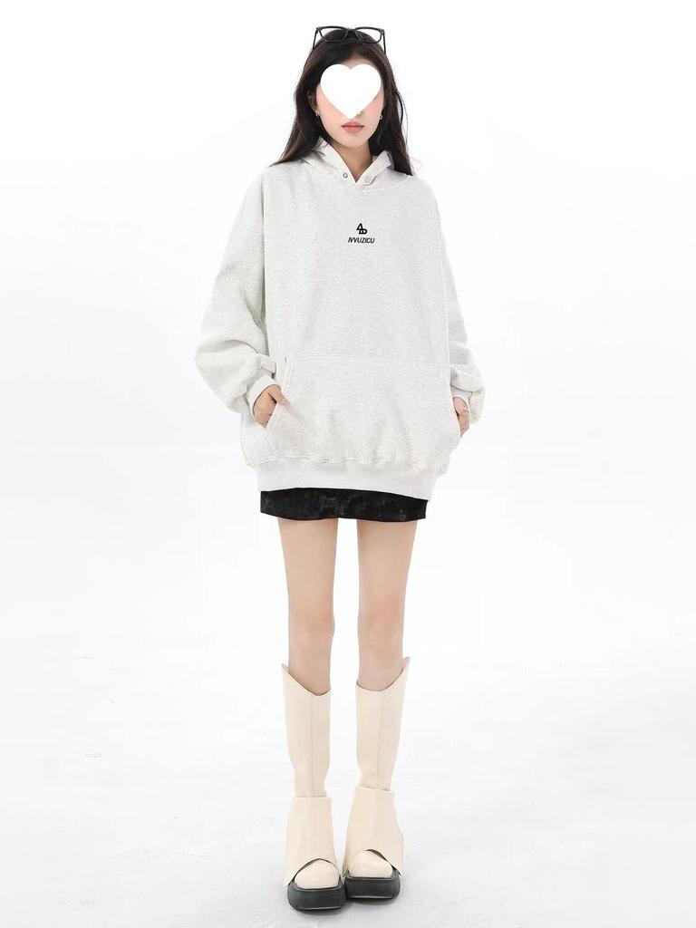 Women's American Style Retro Grey Hoodie - Spring & Autumn Casual Heavyweight Brand Sweatshirt Jacket
