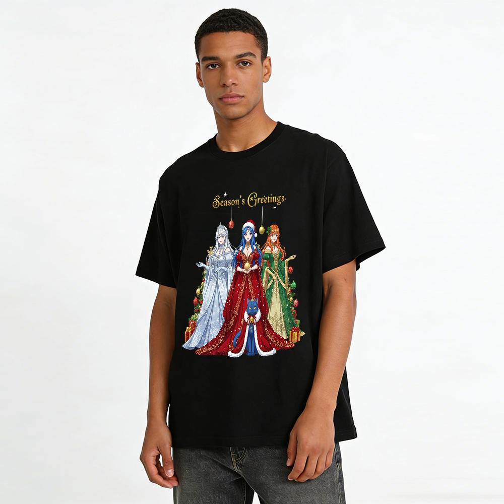 Christmas Themed Anime Goddess Cat Print Top Festive Autumn Winter Loose Versatile Base Shirt Pure cotton T-shirt