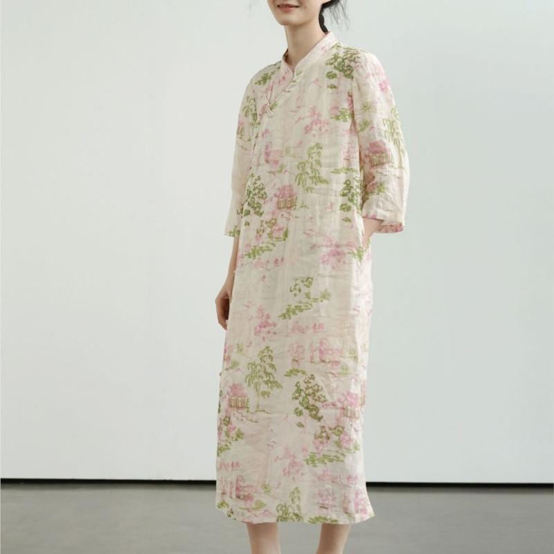 Johnature Women Vintage Print Floral Dress Stand Seven Sleeve Summer Button Chinese Style Dresses