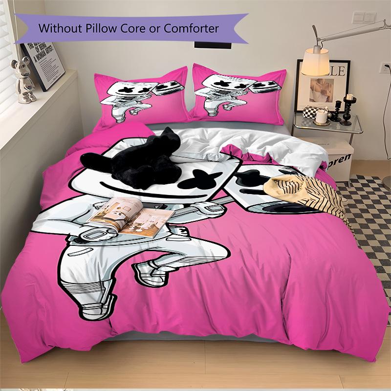 Marshmello Dj Cartoon Illustration Print 3Pcs Bedding Set,Duvet Cover with 2 Bedro,Pillowcase Home Birthday Gift