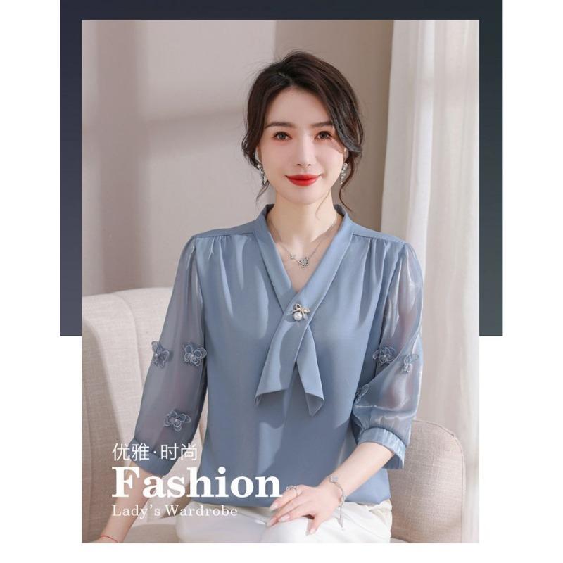 Women's Chiffon Blouse with Bow Detail Butterfly Embroidery
