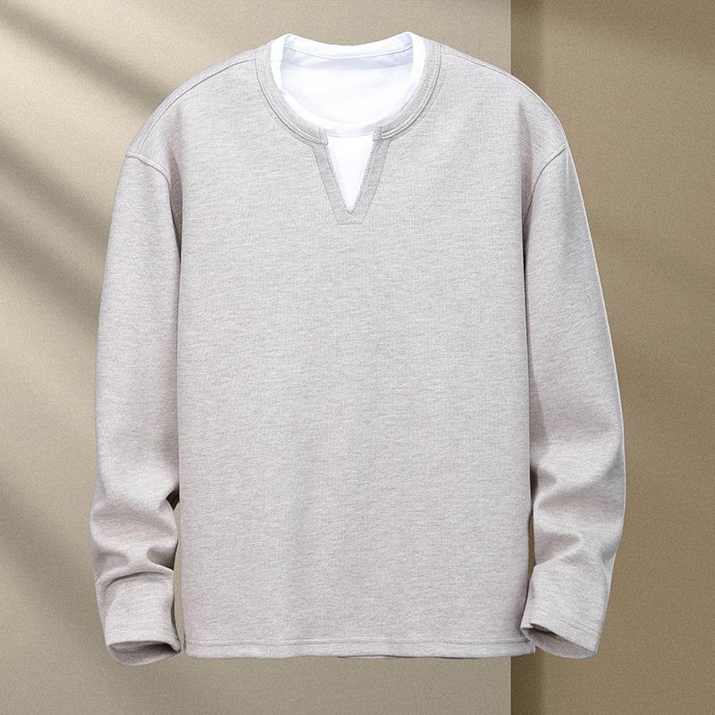 Men's Autumn Winter Pullover Contrasting Color Fake Two-piece Round Neck Long-sleeved Casual Fashion Shirt T-shirt Top