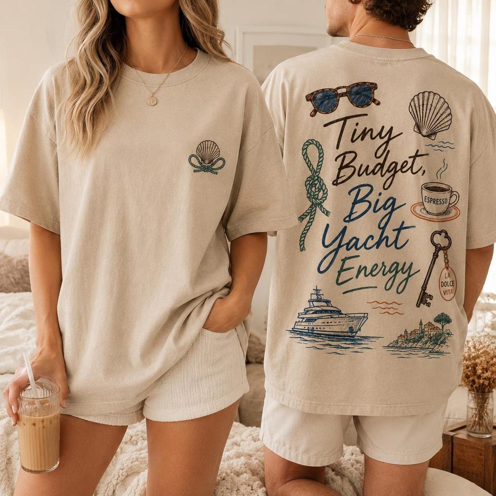 Tiny Budget Big Yacht Energy Shirt, Double Sided Comfort Colors Tee, Sand Beige Coastal Vacation Gift for Women Men Summer Yacht Tee