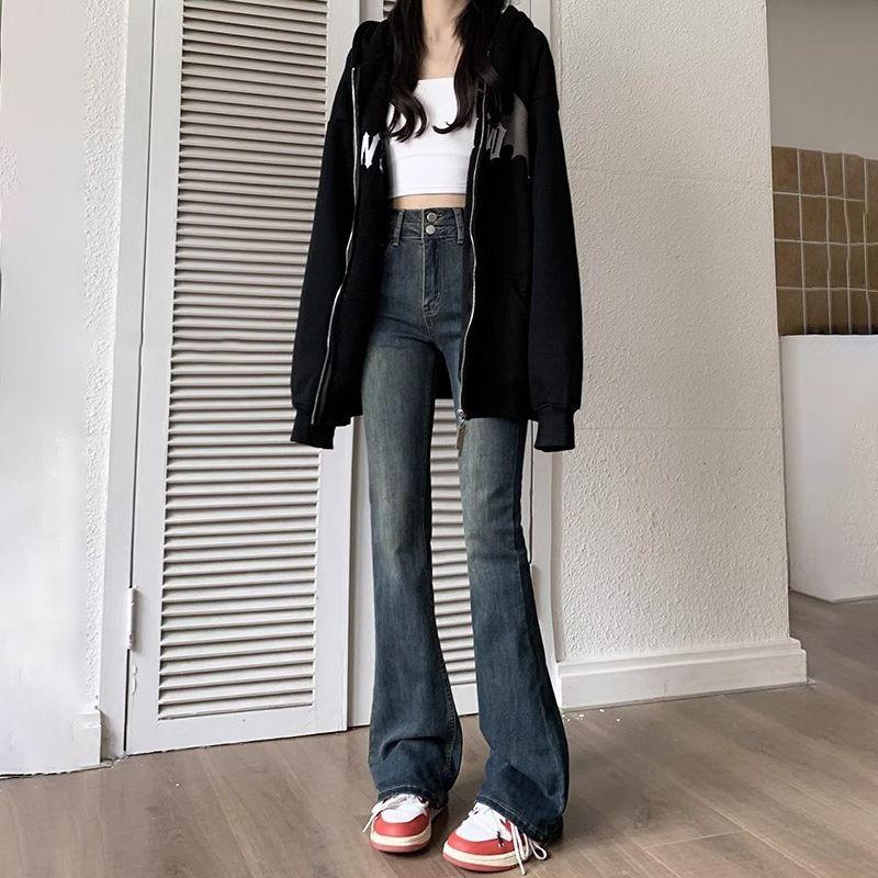 Cement Grey High Waist Slightly Flared Jeans for Women's Spring New Double Button Design Stretch Slim and Versatile Flared Pants