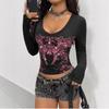 Y2K Spring and Autumn Printed Tight Fit Fit Top Round Neck Women's Wear