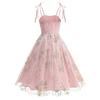 Damen Weiß Vintage Hepburn Stil Bestickt Spaghettiträger Maxikleid Schnürung Krawatte Taille A-Linie Elegant Abend Cocktailparty Kleid