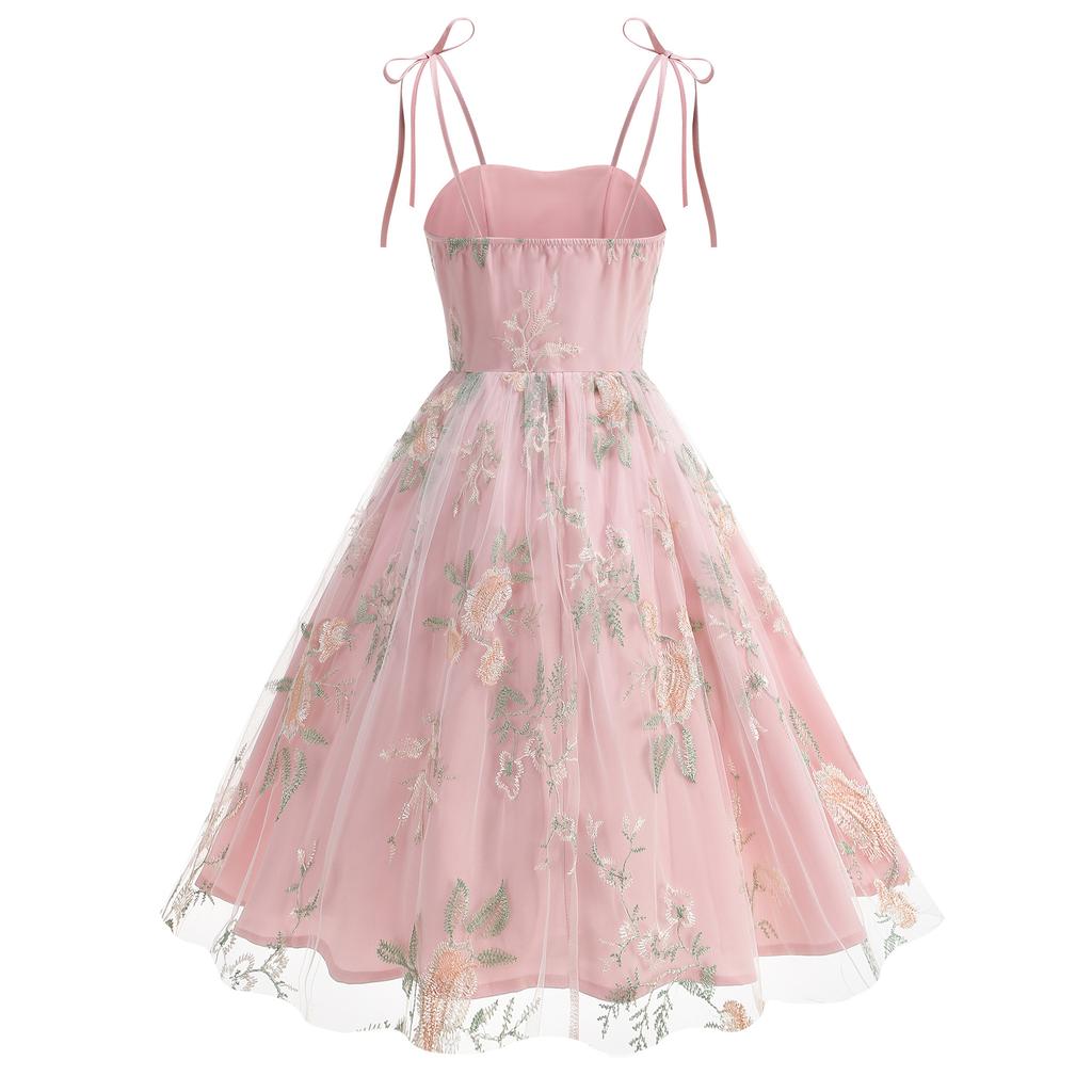 Damen Weiß Vintage Hepburn Stil Bestickt Spaghettiträger Maxikleid Schnürung Krawatte Taille A-Linie Elegant Abend Cocktailparty Kleid