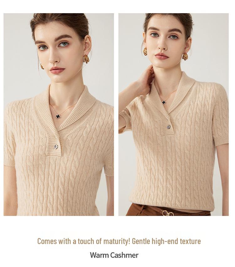 Kochi Women's V-Neck Plaid Knit Short-Sleeve Top - 2026 Summer Collection, High-End Casual Style with Lapel