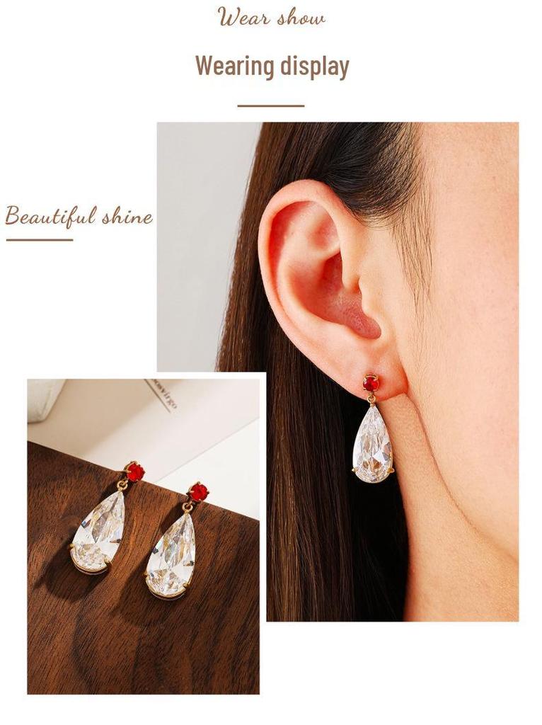 18K Gold Waterproof Zirconia Water Drop Earrings, European & American Style, Stainless Steel & Titanium, Women's Jewelry