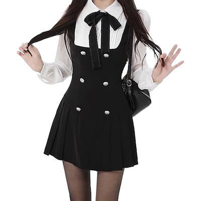 LAVASEON Korean Style Docking Mini Bow Tie Long or Short Schoolgirl Cute High Elegant Women's Dress, Dress, Detail, Sleeve, Style, Ruffles, Waist,