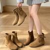 Retro round head flat bottom short boots women's autumn new side buckle decorative boots simple commuting daily thin