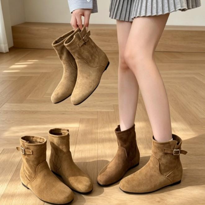 Retro round head flat bottom short boots women's autumn new side buckle decorative boots simple commuting daily thin