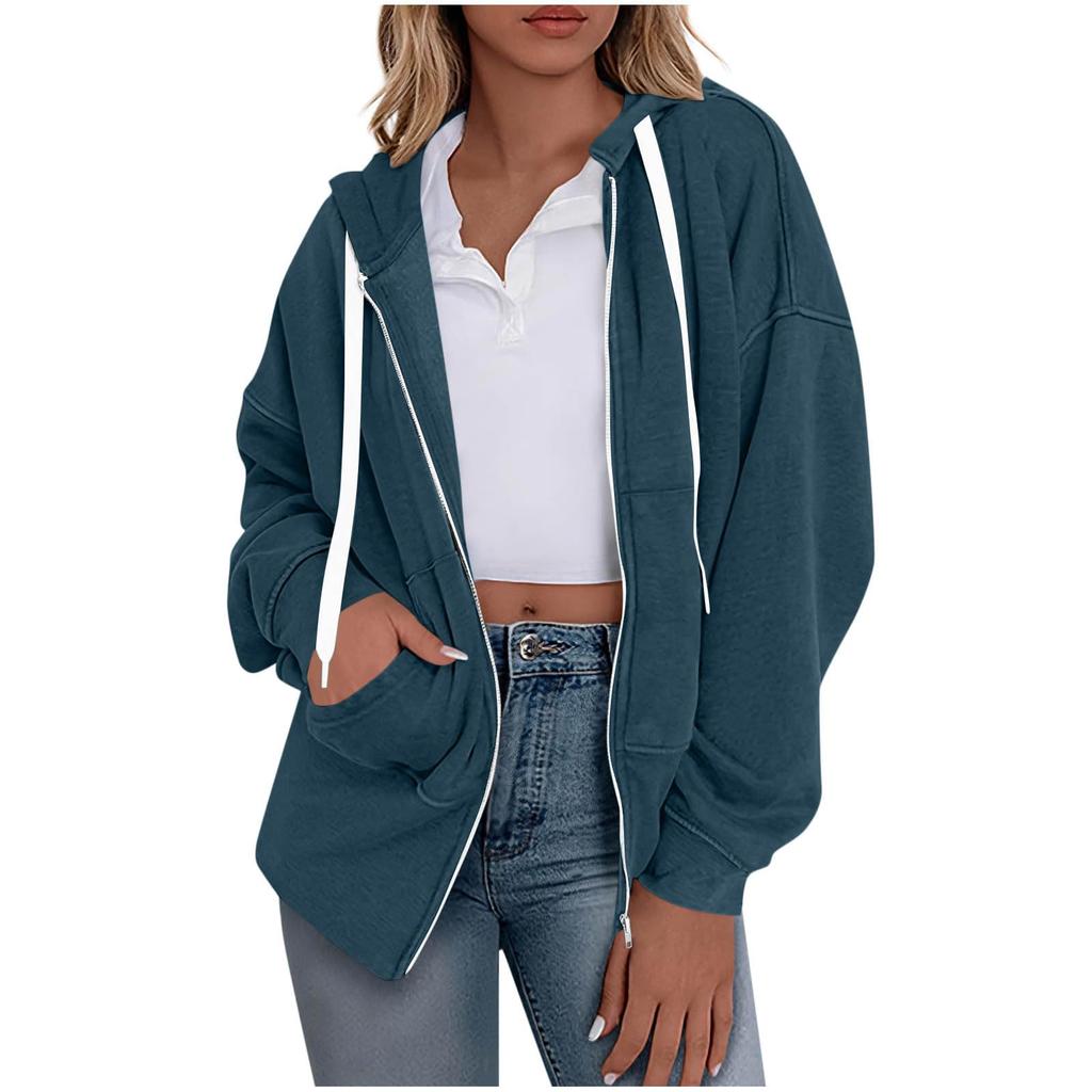 Women's Fashionable Solid Color Long Sleeved Hooded Sweatshirt With Loose Zipper Pocket Jacket
