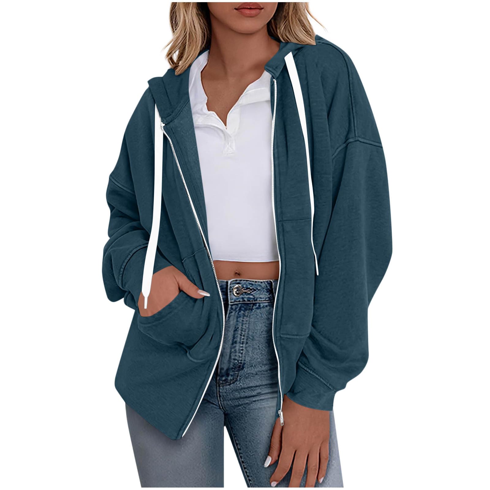 

Женская модная однотонная толстовка с капюшоном и длинными рукавами, куртка свободного кроя с карманом на молнии XL синий