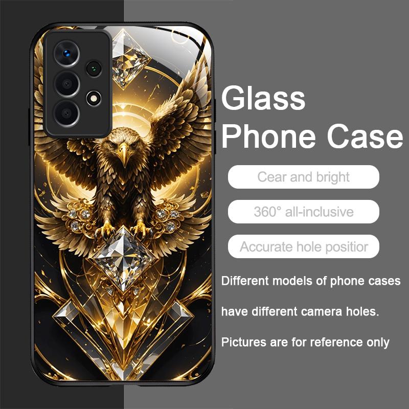 Elegante Funda de Cristal Templado con Diseño de Águila Dorada y Diamantes para Samsung Galaxy A56 A55 A54 A53 A52 A36 A14 A15 5G Cubierta Trasera