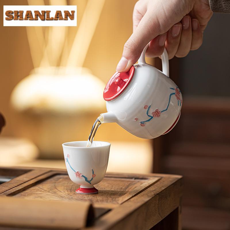 145ml Hand Painted Plum Blossom Teapot Zen Tea Infuser Pot Tea Brewing Kettle With Ball Hole White Tea Chinese Tea Set Craft