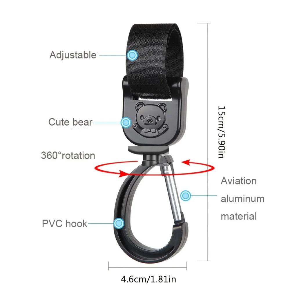 Pack of 2: 360-Degree Rotating Hooks—Multi-Purpose Stroller Hooks for Diaper Bags, Wallets, and Accessories