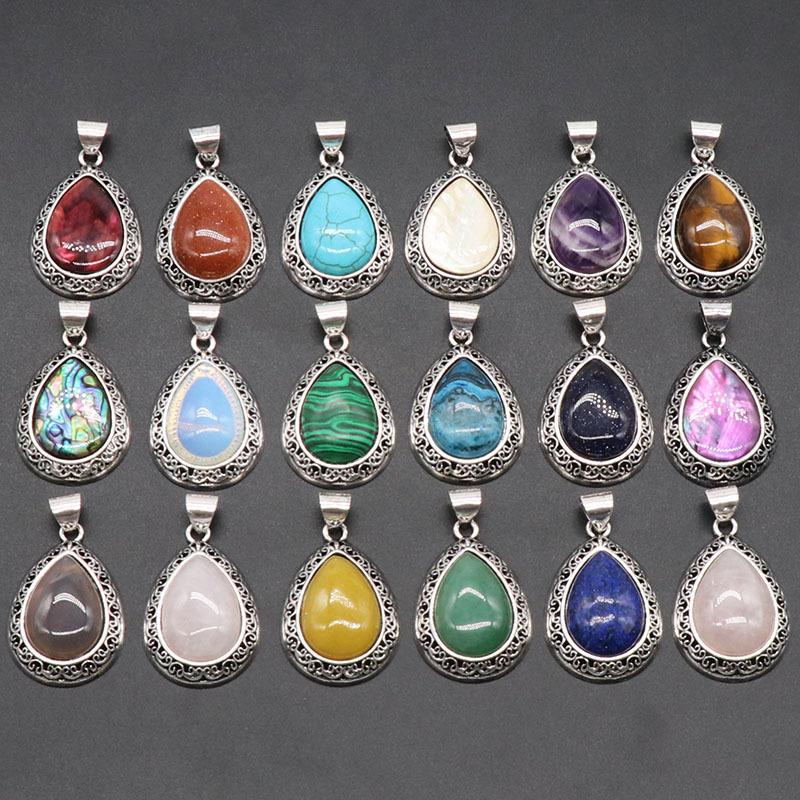 Natural Crystal Agate Water Drop Pendant Semi-Precious Stone Gem Inlaid Alloy Abalone Shell Necklace Crystal Crafts