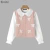 ZANZEA Women Casual Doll Collar Loose Long Sleeve Patchwork Blouse