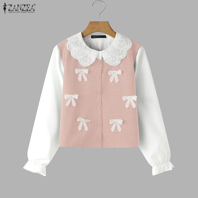 ZANZEA Women Casual Doll Collar Loose Long Sleeve Patchwork Blouse