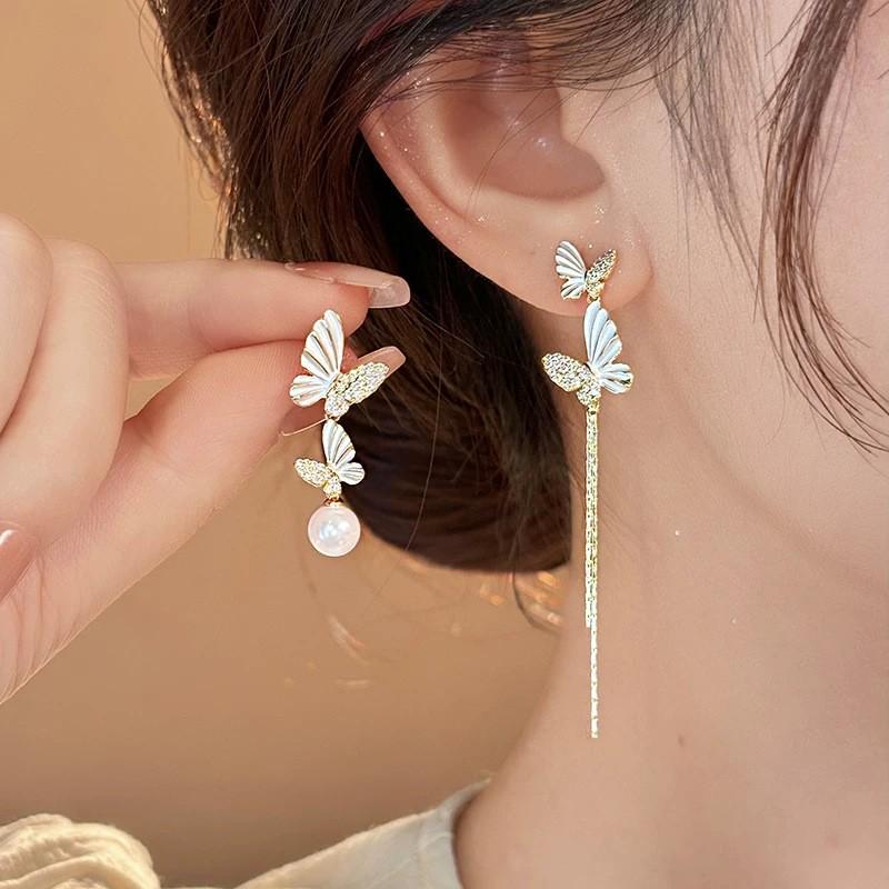 Elegant Asymmetrical Butterfly Pearl Zircon Tassel Earrings