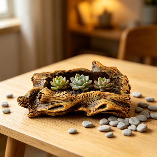 Flowerpot Hand-Painted Imitation Old Tree Stump Shape Outdoor Garden Planter Cement Texture Weatherproof Plant Container