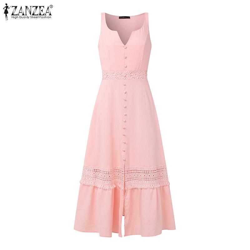 ZANZEA Women Summer V-Neck Sleeveless Lace Patchwork Casual Dress