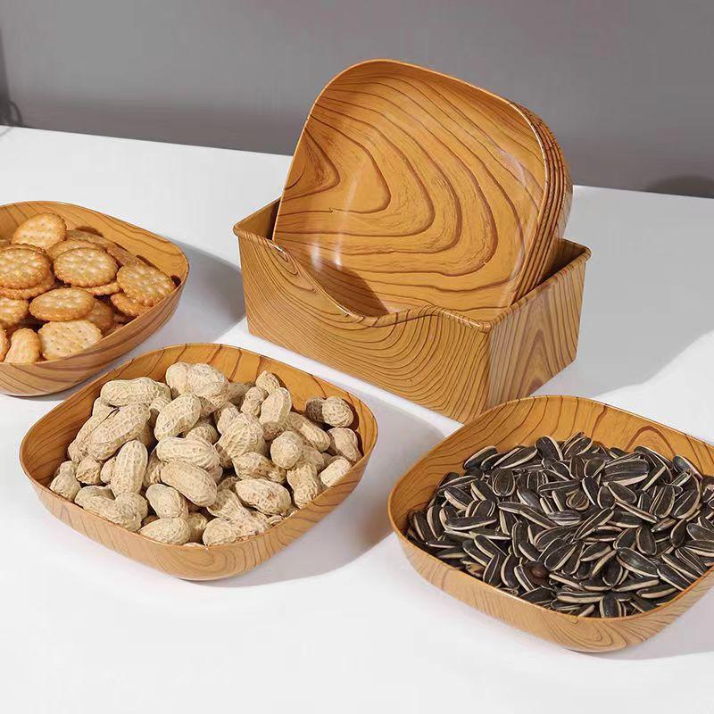 Imitation Wood Grain Plastic Square Plate Multi Purpose Food Fruit Snack Serving Tray Bone Dish For Kitchen Dining Table Decor
