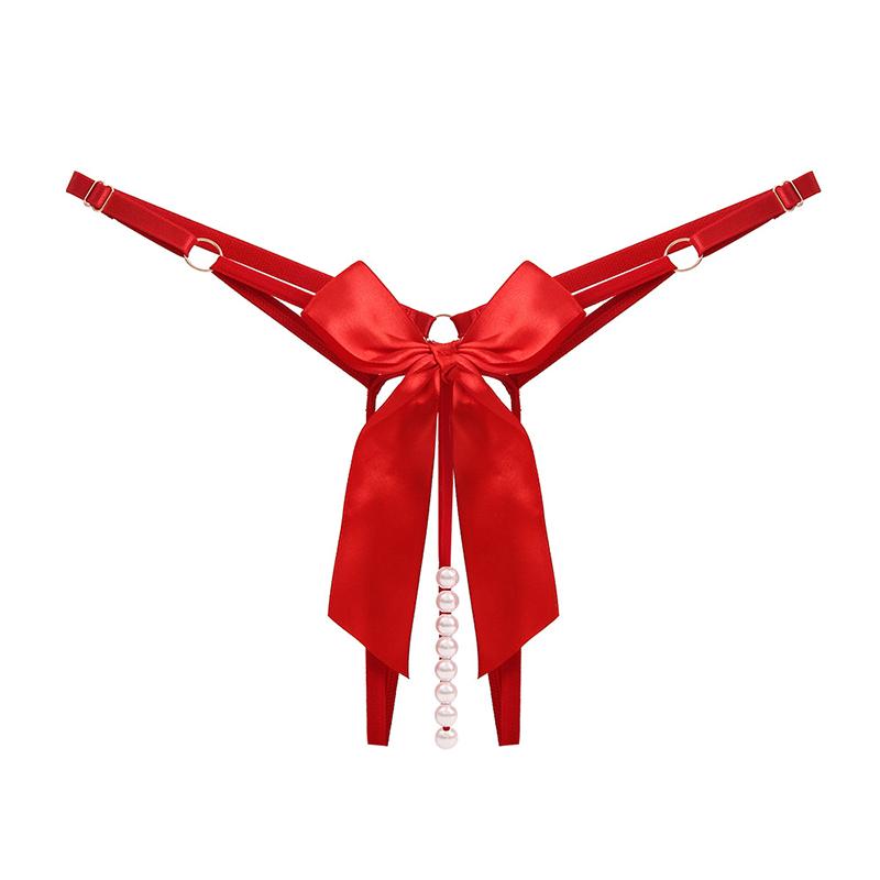 Erotic Lingerie Sexy Pearl Bow Thong Crotchless Triangles Strappy G-Strings Underwear