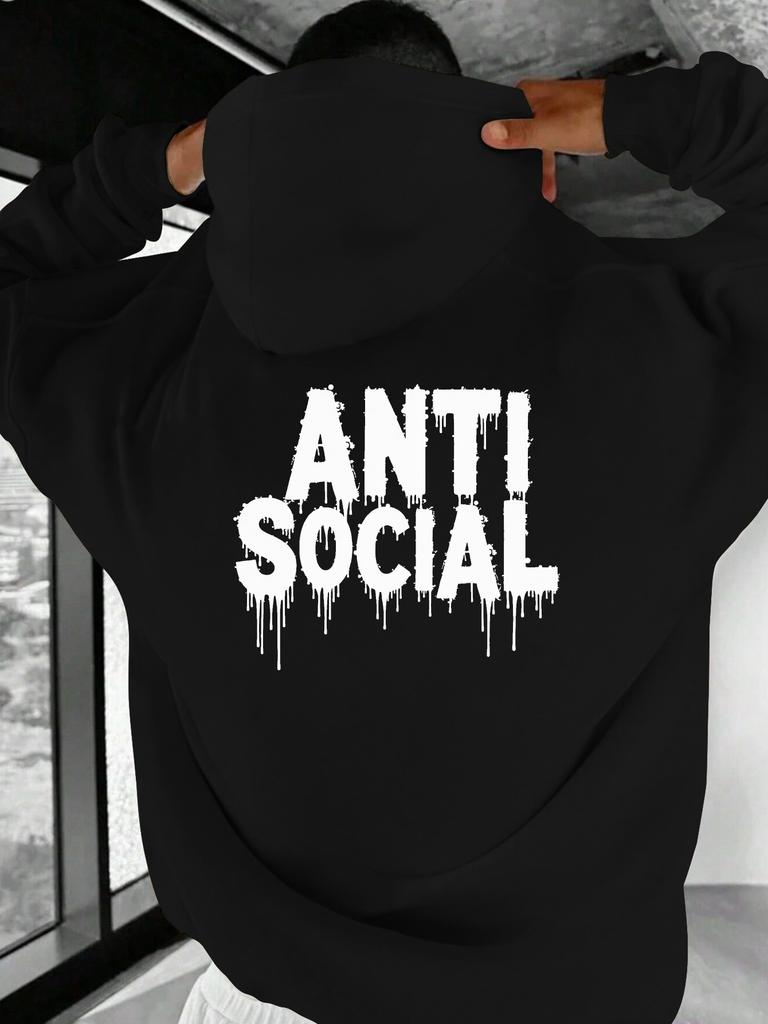 Anti Social Dripping Paint Graffiti Text Printed Men Hip Hop Sports Hoodie, Street Cool Casual Loose Sweatshirt