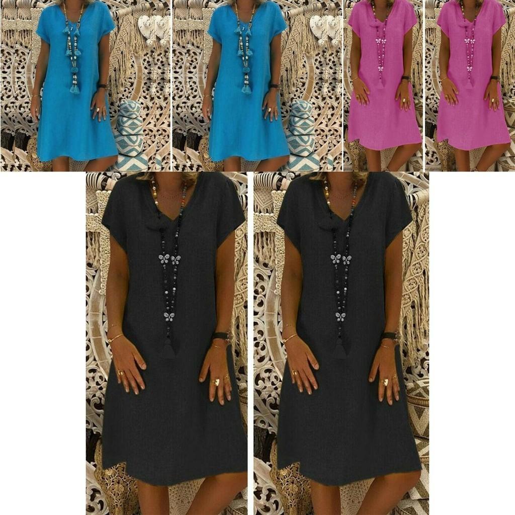 Stylish Summer Women's Short Sleeves V-neck Tunic Midi Dress For Plus Size Fashion