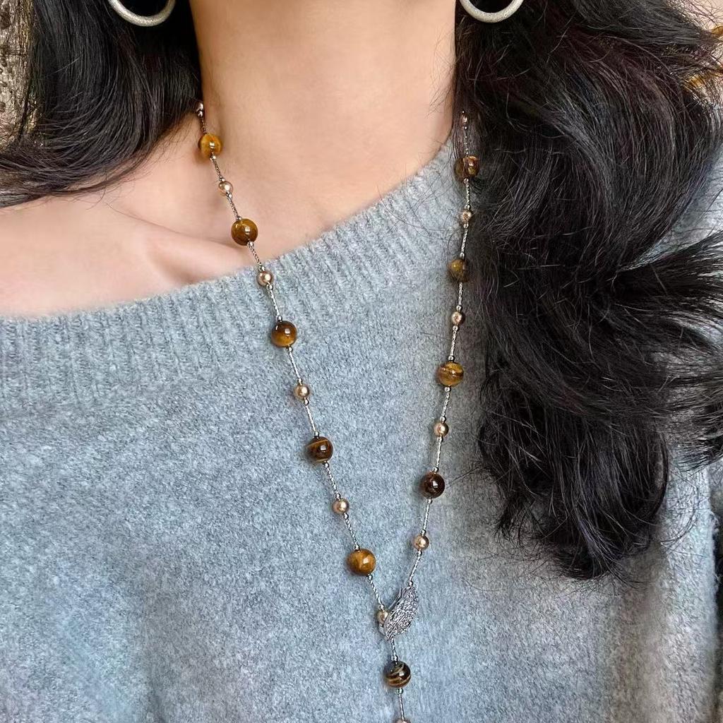 Maillard Natural Boutique Tiger's Eye Stone Imitation Tahitian Pearl Various Wearing Methods Sweater Chain Collarbone Chain Necklace