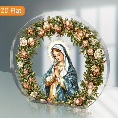1pc Virgin Mary Acrylic Religious Decorative Plaque with Garland - Vintage Style Tabletop Ornament for Christmas & All Holidays 