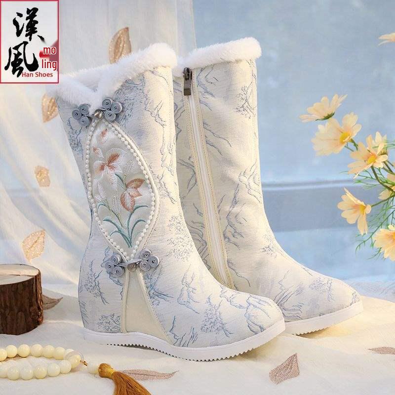 Vyšívané zimní Hanfu kozačky po kolena: Etnický styl, Plyšová bavlna, Vnitřní zvýšení výšky