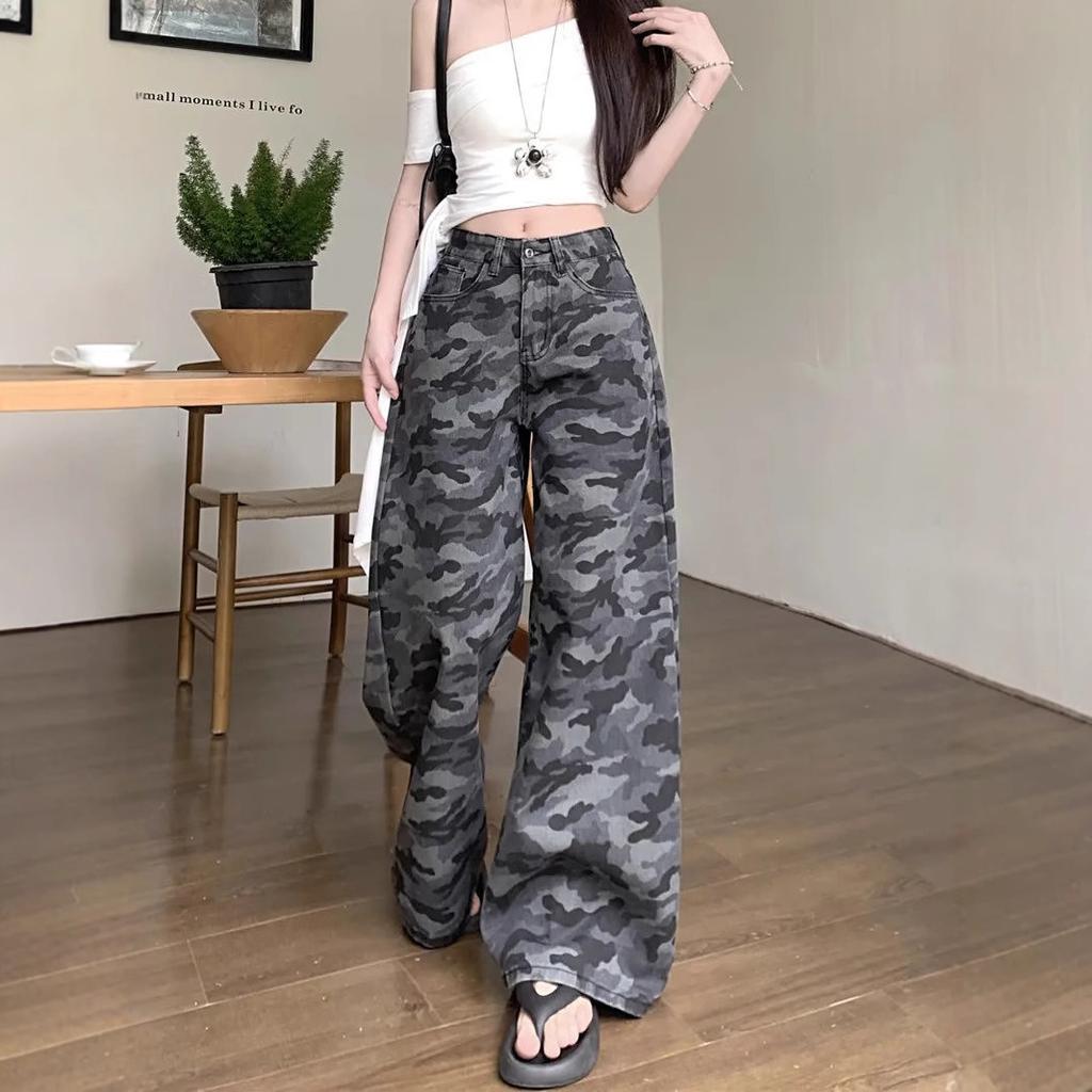 Women's High Rise Camo Print Jeans Wide Leg Loose Fit Streetwear Cargo Denim Trousers