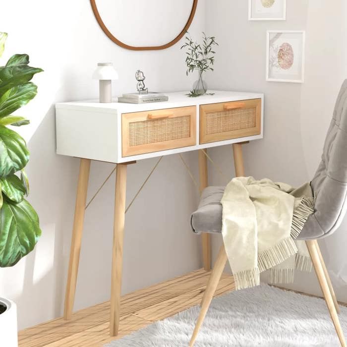 VidaXL Table console Blanc 80x30x75 cm Bois massif pin /rotin naturel 345624