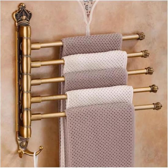 Luxury Swivel Towel Bars Rack with Hook Up Bathroom Rustic Gold Metal Towel Bar Hanger Wall Mounted,Swing Out Towel Bar,Folding Arm Swivel Towel Bar