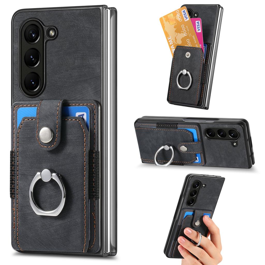 D2 Für Samsung Galaxy Z Fold6 5G Hülle Kartenfach Ring Ständer Leder+PC Handyhülle
