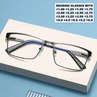 Men Square Metal Large Frame Reading Presbyopia Glasses Business Eyewear Diopters +1.25 To +6.0