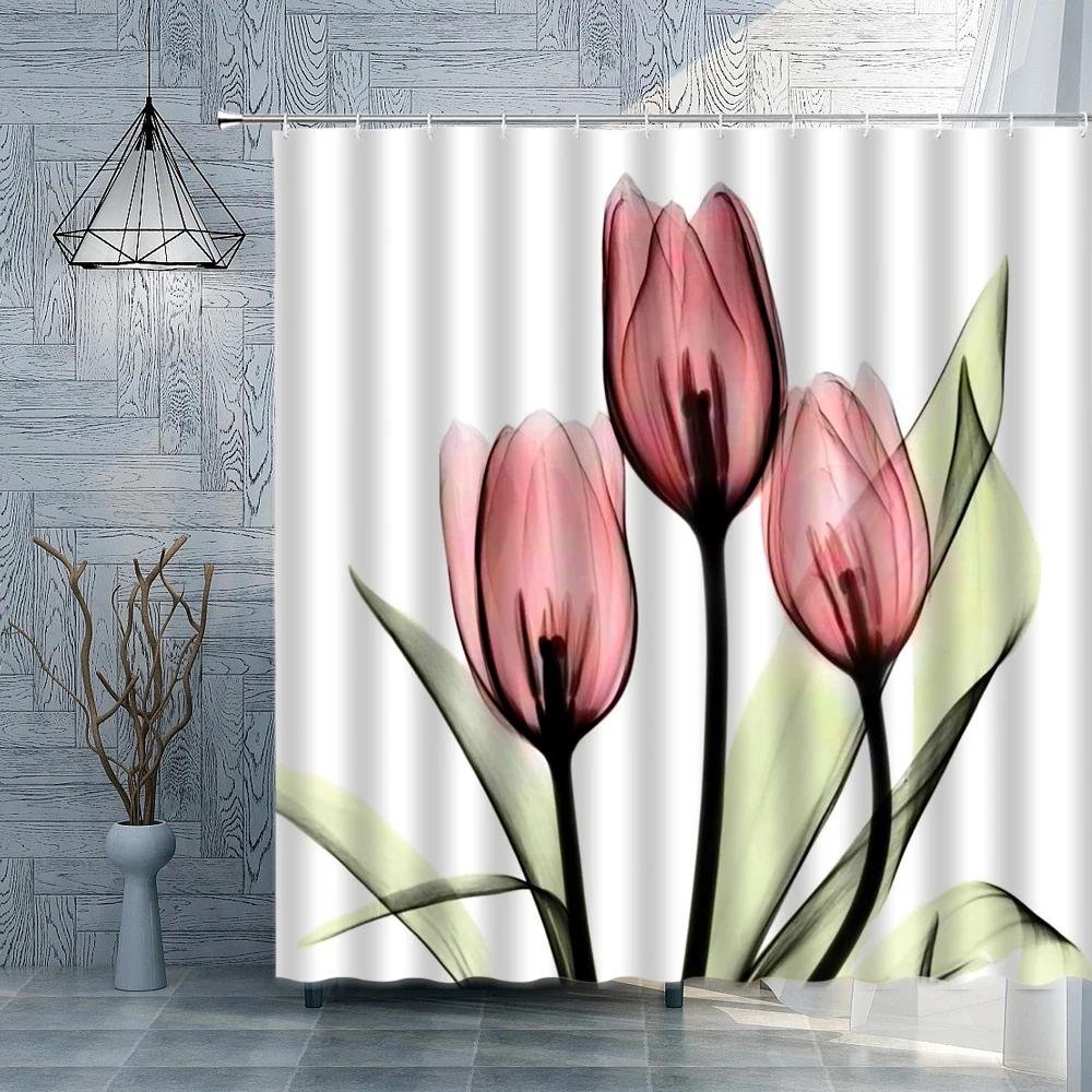 Flower Plant Shower Curtain Modern Simple Water Color Print Pattern Bathroom Curtains Polyester Fabric Home Bath Decor With Hook