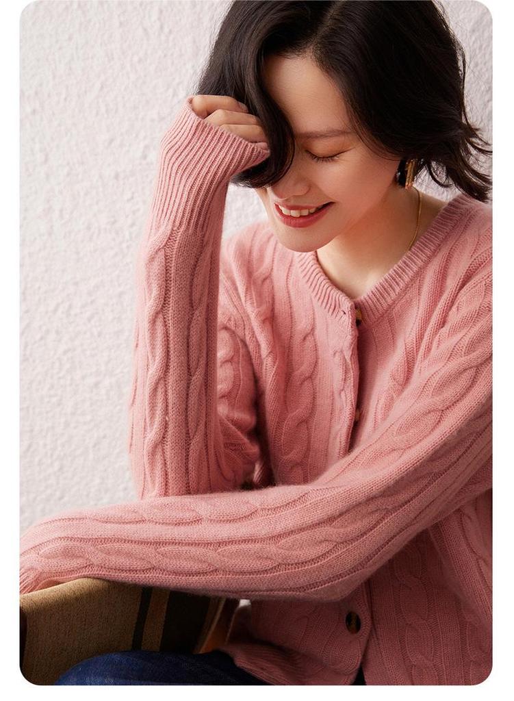 Women's Thick Cable Knit Cashmere Cardigan - Autumn/Winter Round Neck Loose Knitwear Jacket