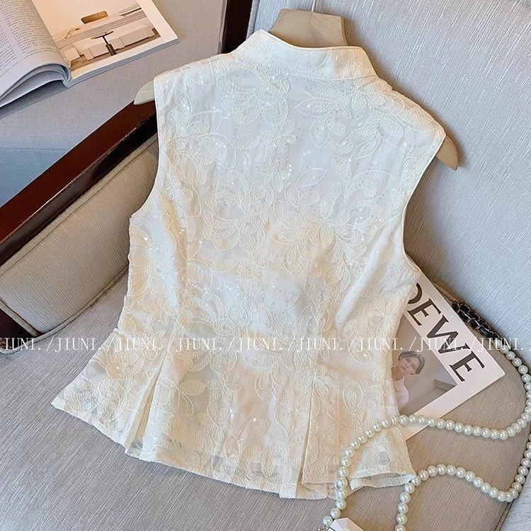 Besticktes Pailletten-Ärmelloseshemd Damen Sommer neu Temperament Taillenschnalle Dünnes Top