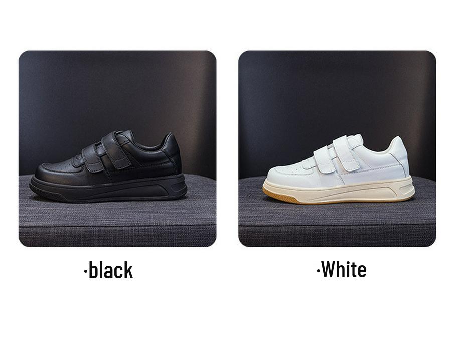 Women's White Platform Sneakers - 5cm Height Boost, Autumn Casual, Velcro, Thick Sole, Genuine Leather.